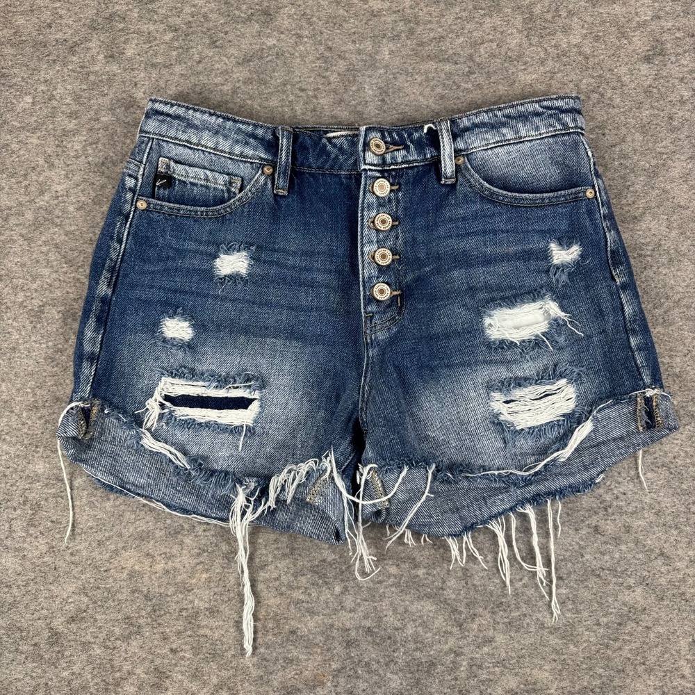 KanCan Button Fly Cut Off Shorts 4" Distressed Denim Blue Womens 9/28